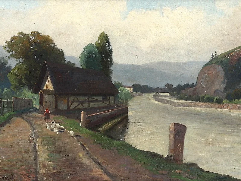 1878-Franz Demel - Paesaggio fluviale con la ragazza dell'oca